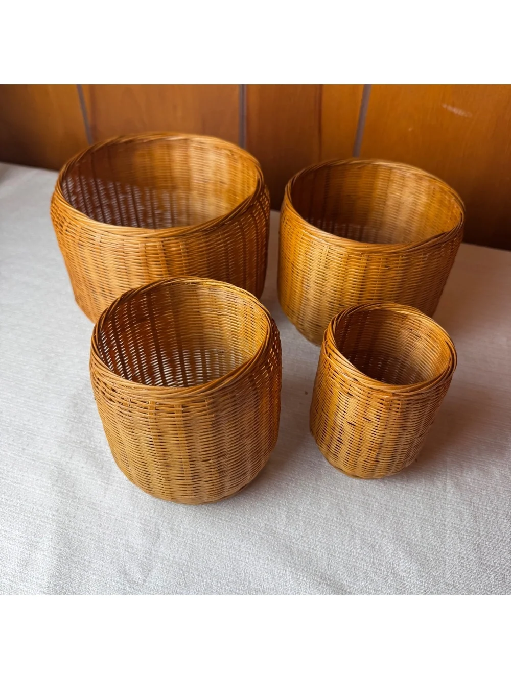 Set of 4 Nesting Wicker Baskets Small Round Woven Rattan Boho Home Decor